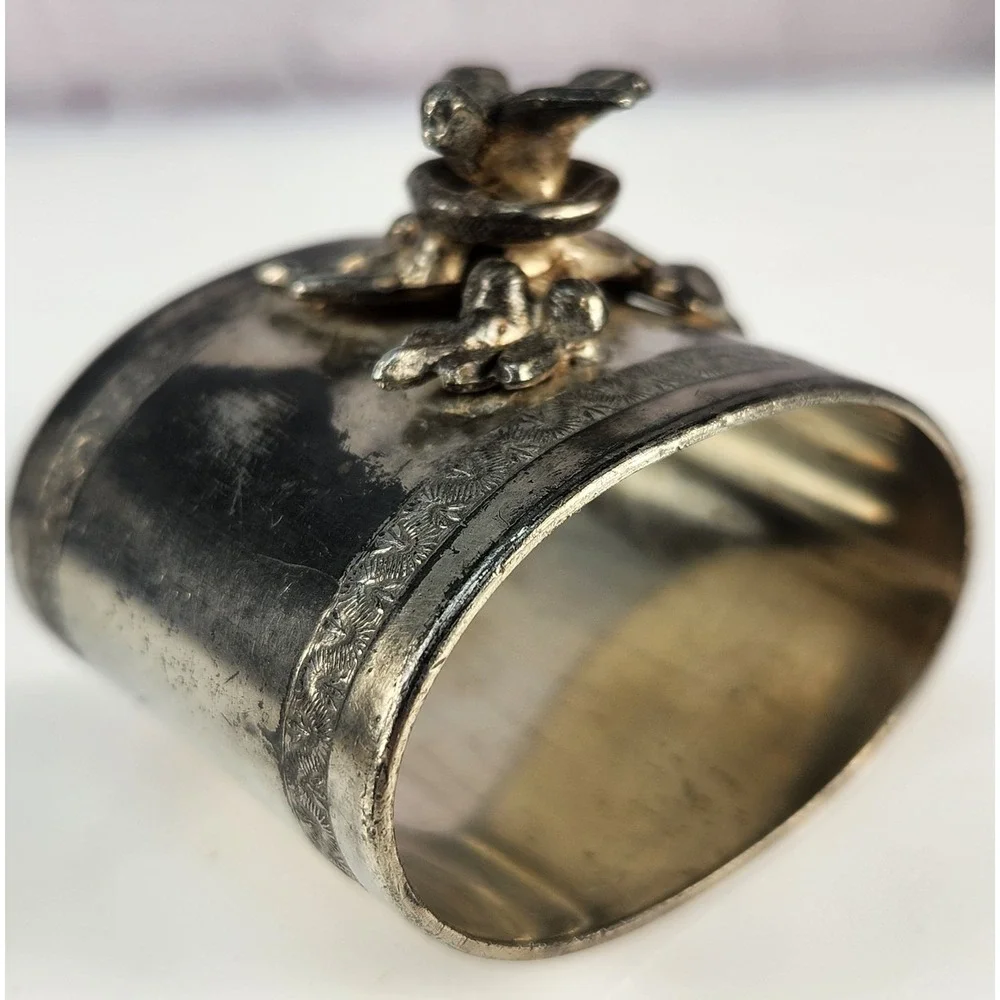 Antique Silver Plated Figurine Napkin Ring Nesting Bird On Branch Collectible